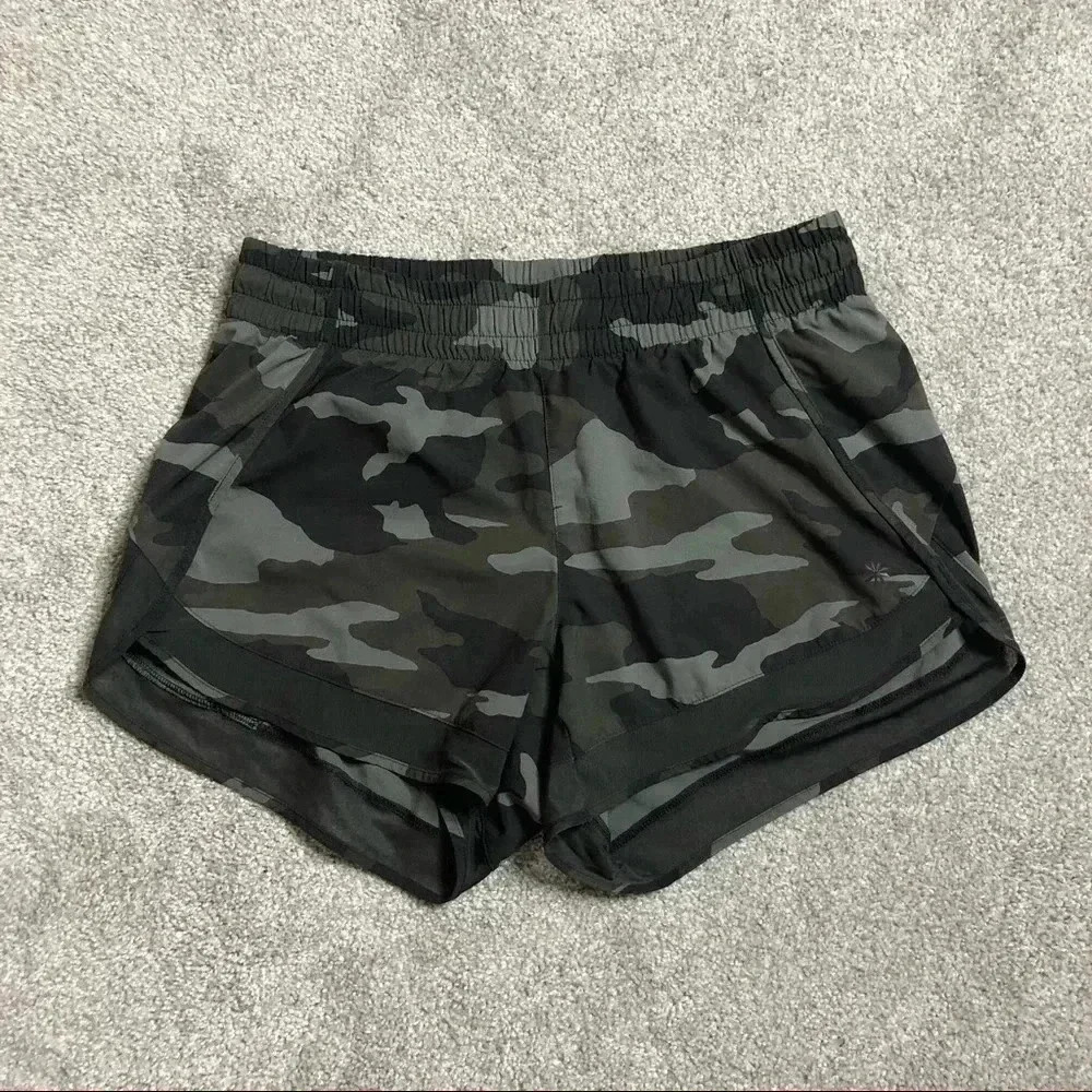 Athleta Camo Mesh Racer Run Shorts 4 in inseam